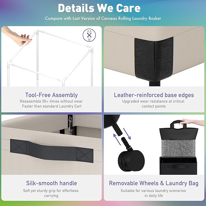 Caroeas Next-Gen 105L Matel Frame Laundry Basket with wheels, Heavy Duty Tall Rolling Laundry Hamper with Removable Wash Bag, Collapsible Freestanding Clothes Hamper (100L,Beige,2Pack)