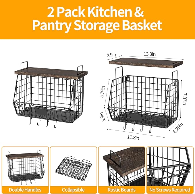 2 Pack Hanging Wall Fruit Basket for Kitchen Counter, Stackable Wire Basket for Fruit, Vegetable, Potato and Onion Storage, Wall-Mounted Fruit Holder with Wood Lid, Banana Hooks & Metal Handles