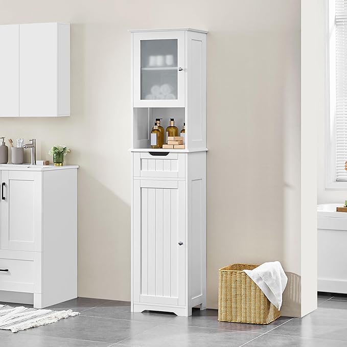 Yaheetech 67” Tall Bathroom Storage Cabinet,Narrow Floor Cabint with 2 Doors and 1 Drawer,Slim Bathroom Organizers,Adjustable Shelves,Storage Unit for Living Room, Entryway,Kitchen,White