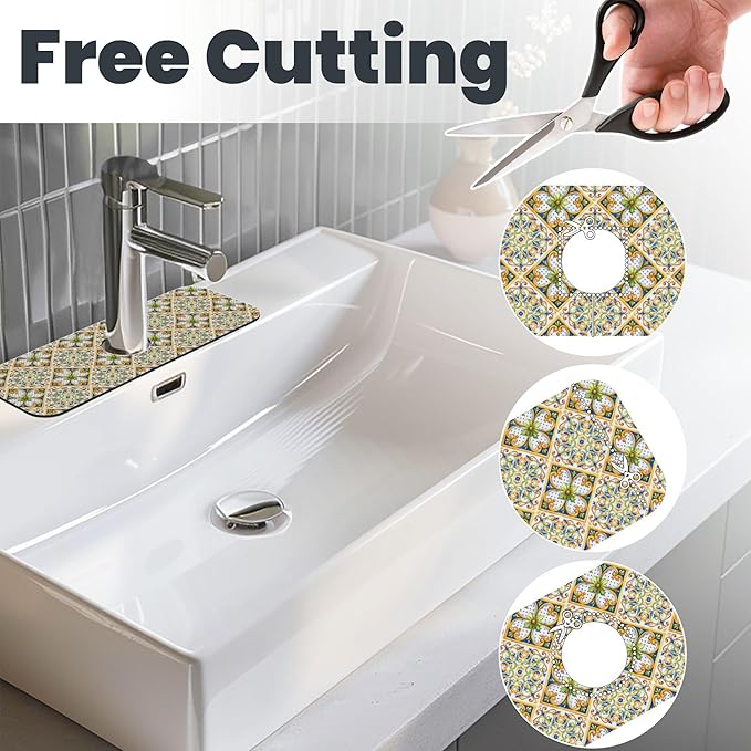3Pcs Italian Majolica Tiles Dish Drying Mat & Kitchen Sink Splash Guard Faucet Mat For Kitchen Counter Absorbent Microfiber Dishes Pad Dish Drainer Rack Mats Fast Dry Kitchen Accessories