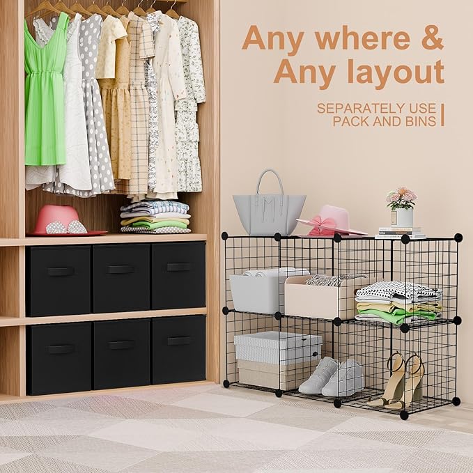 Leinuosen 6 Cube Storage Organizer with Fabric Bins, Wire Grid Stackable Shelves, Drawer Closet Organizer, Modular Storage Units for Bedroom Living Room Office Clothes Toys Crafts(Black,Black)