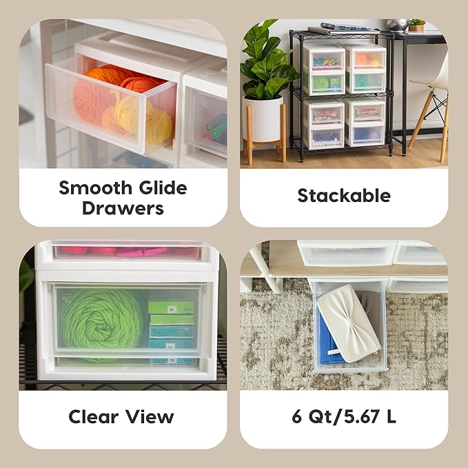 IRIS USA 6 Qt. Small Plastic Stacking Drawer, Stackable Storage Organizer Unit with Sliding Drawer for Bedroom Kitchen Under Sink Pantry Craft Room Dorm Office, White, 8-Pack