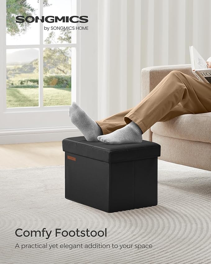 SONGMICS Small Folding Storage Ottoman, Foot Rest Stool, Cube Footrest, Synthetic Leather, 12.2 x 16.1 x 12.2 Inches, 286 lb Capacity, for Living Room, Bedroom, Dorm, Ink Black ULSF100B01