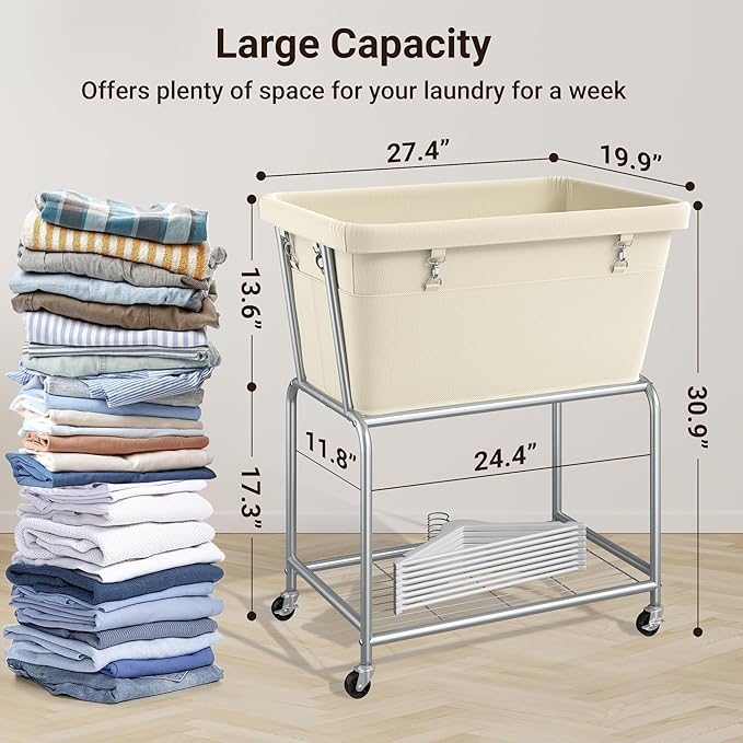 ELYKEN Laundry Cart with Wheels, Rolling Laundry Hamper with Removable Bag and Shelf, Metal Frame Laundry Basket with 4 Casters and 2 Brakes, Ideal for Bedroom, Bathroom, Laundry Room, Cream