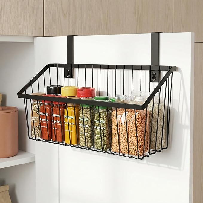 LeleCAT Grid Storage Baskets with Hooks, Over Cabinet Door Organizer, Wire Basket Hanging Storage Organizer, Kitchen Bathroom Organizer (Black, Extra Large)