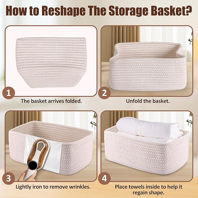 5-Pack Small Woven Rope Storage Baskets – 2 Sizes Organizer Bins for Closet, Shelf, Bookshelf, Nursery, Changing Table, Fabric Cube Boxes, Rectangular Shallow Bins for Bathroom, Toy & Home