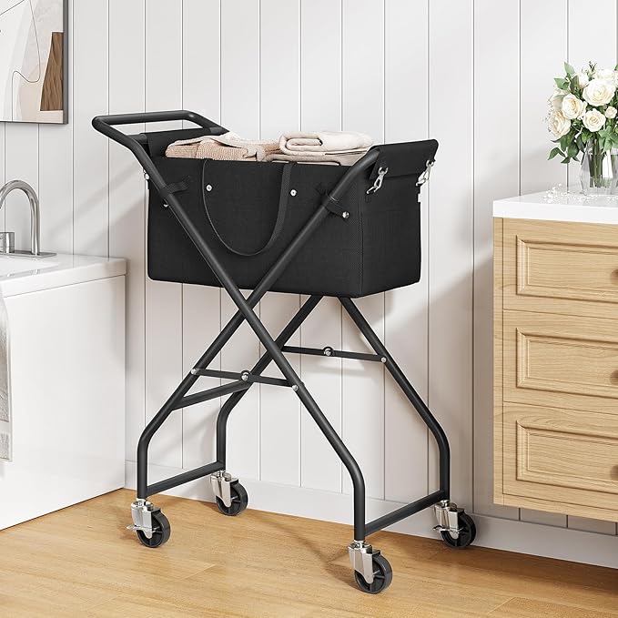No-Bend Laundry Cart- Rolling Hamper with Locking Wheels & Handle, Foldable Basket Screw-Free Assembly, Durable Metal Frame & Removable Liner Bag for Bedroom & Bathroom (Black)