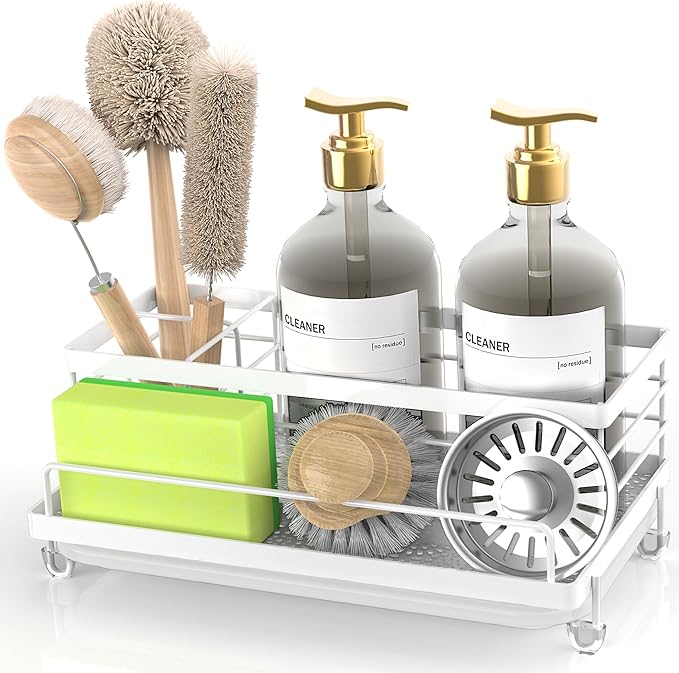 Cisily Sink Caddy Organizer, Kitchen Sink Accessories with Drip Tray, Rustproof and Non-Slip, White