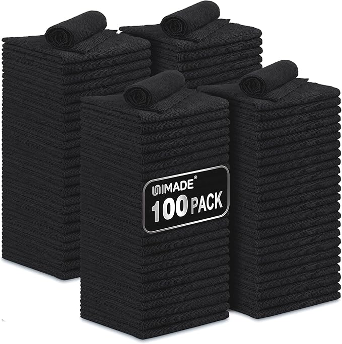 Microfiber Cleaning Cloth, 100 Pack Microfiber Towels for Cars Commercial Grade Work Rags Bulk Detailing Cloth for Automotive Bar Mechanic Restaurant Garage Housekeeping, 11.5"x 11.5", Black