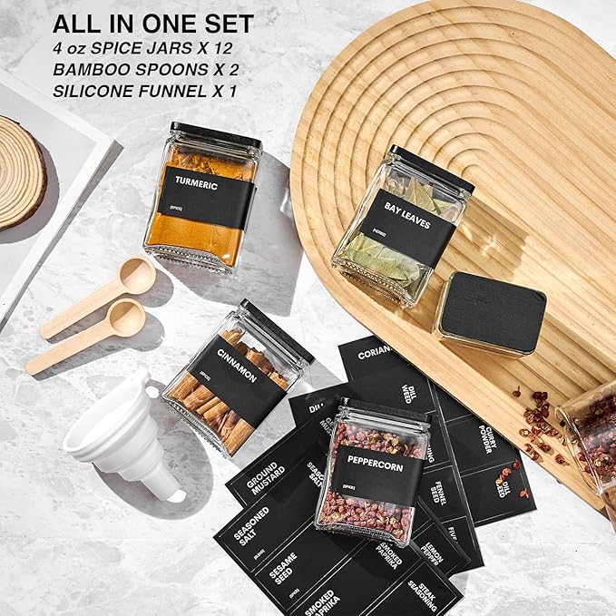 Glass Spice Jars with Bamboo Lid, 4oz Square Spice Containers for Pantry Organization, Seasoning Bottles with Labels, Spoons, Funnel for Salt Sugar