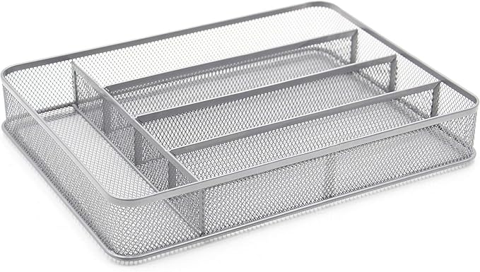 TQVAI Silverware Organizer - 5 Slots Non-Slip Mesh Kitchen Drawer Organizer - Metal Compact Utensil Cutlery Holder in Drawer Tray, Silver
