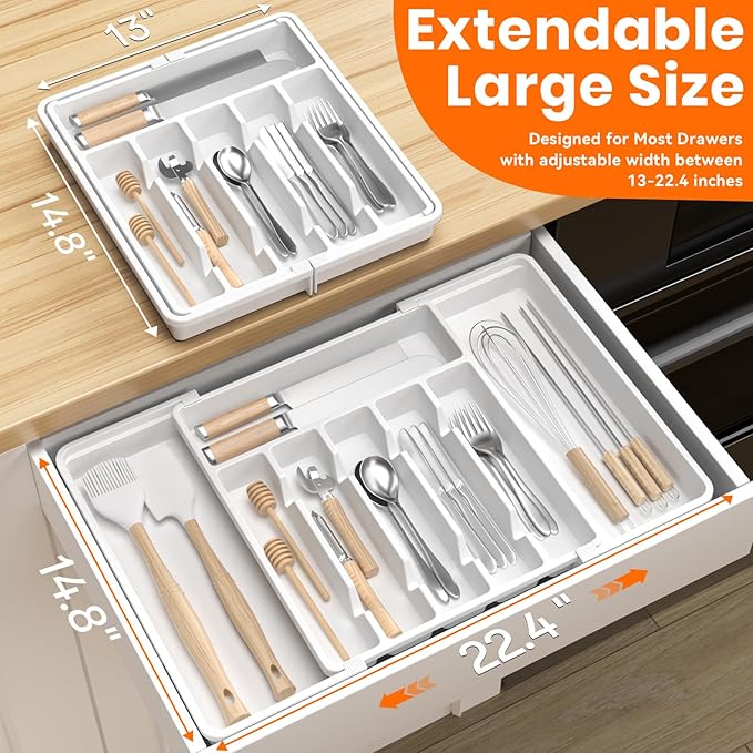 Large Silverware Organizer,Expandable Utensil Drawer Organizer,BPA Free Utensil Holder,Adjustable Silverware Tray Cutlery Drawer Organizer for Kitchen Flatware,Large,White,2 Pack