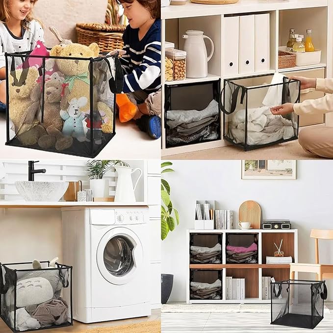 4 Pack Popup Laundry Hamper, Small Collapsible Mesh Laundry Baskets Dirty Clothes Basket with Handle Cube Storage Basket for Washing Storage,Toy Storage,Dorm and Travel(Black,13 Inch)