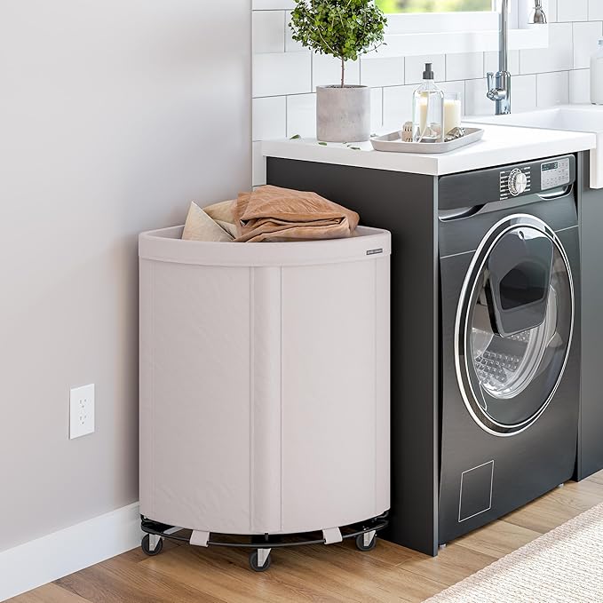 Seville Classics Large Commercial Heavy Duty Rolling Steel Frame Laundry Hamper Canvas Cart Bin, w/Wheels for Hotel, Home, Closet, Bedroom, Natural White, Corner 17.7” D x 24.0” W