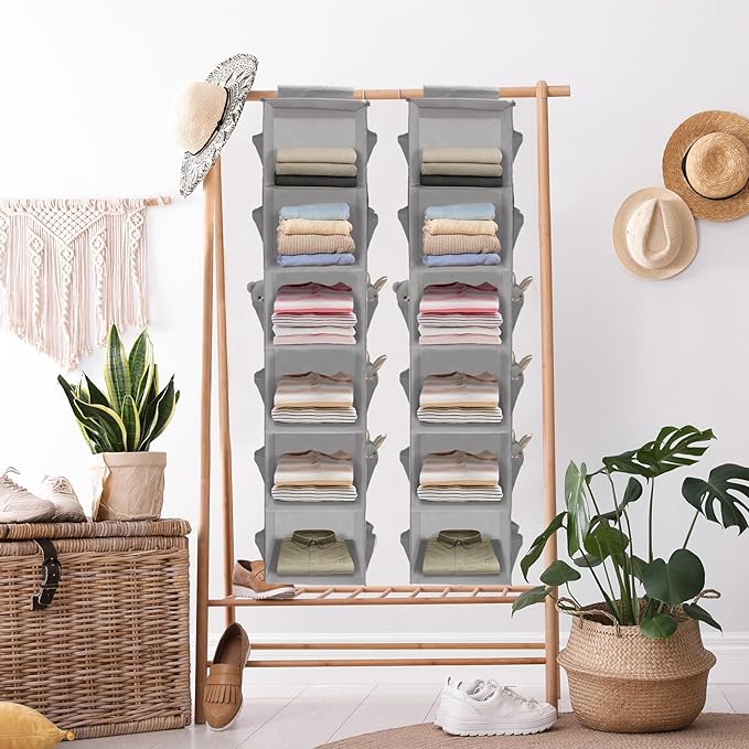 2Pack Hanging Closet Organizer, 6 Tier Hanging Storage Shelves, Foldable Clothes Organization, Wardrobe Organiser with 18 Side Pockets for Home Bedroom Organization Clothes Accessories