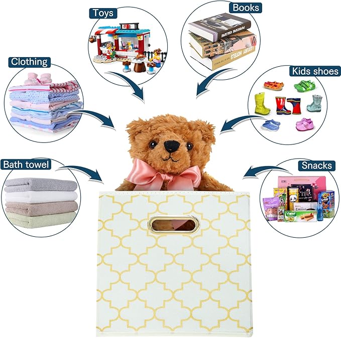 Fabric storage bins Cubes, Fabric Cube Organizer with Handle, Foldable Cube Bins for Cloth or Accessary Storage, 11x11x11, Set of 3, (Creamy-White Gold)