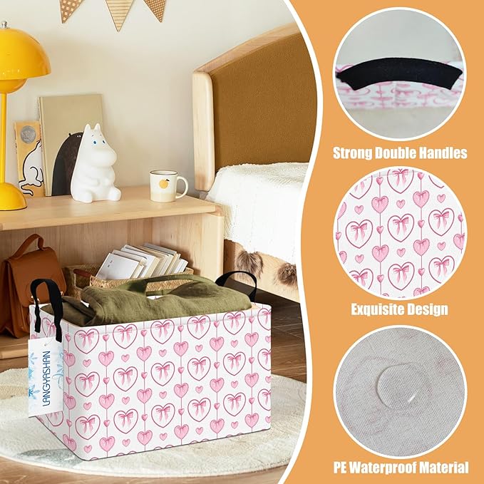 LANGYASHAN Rectangular Storage Bin Collapse Canvas Fabric Cartoon Storage Basket with Handles for Organizing Home Kitchen Boys and Girls Toys Office Closet Shelf Baskets (Rec Pearl Heart)