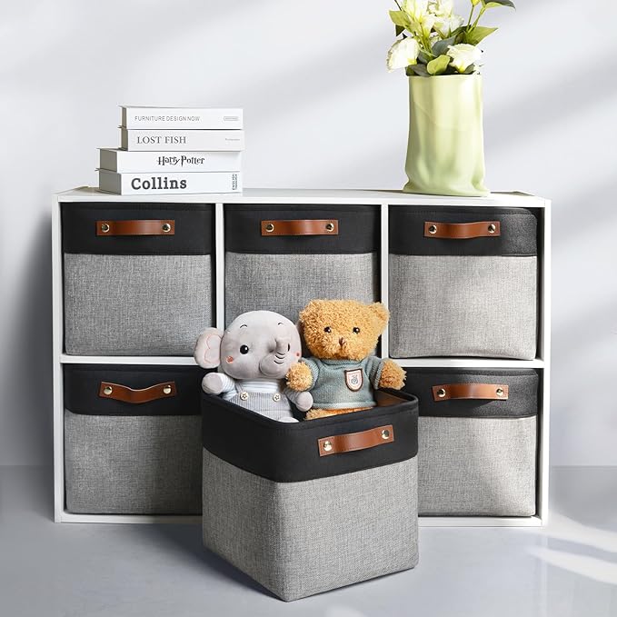 6-Pack Foldable Fabric Storage Cubes 11x11 Inch, Sturdy Cube Organizer Bins with Leather Handles, Storage Baskets for Closet Shelves and Home Organization(Black/Gray)