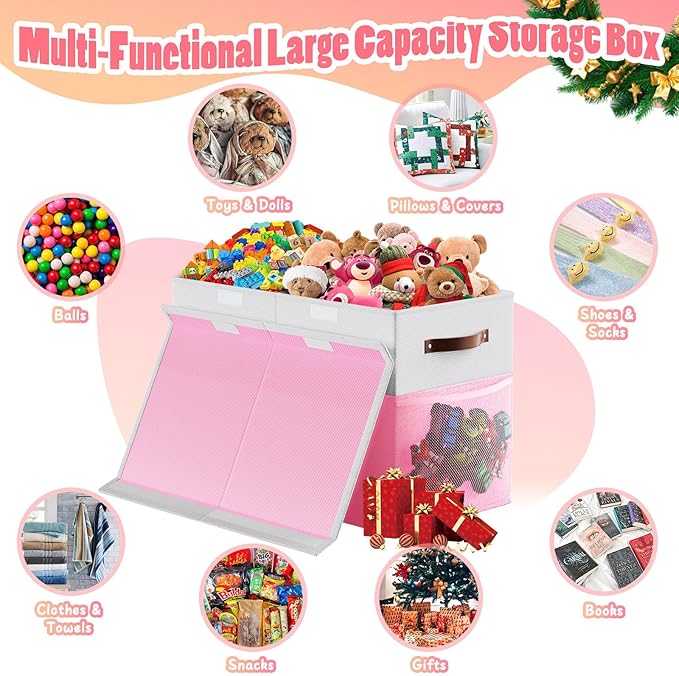 Large Toy Storage Box with Lid Divider, Sturdy Collapsible Toys Organizer Chest Kids Storage Bins Boxes Baskets for Boys, Girls, Nursery, Bedroom, Living Room, Playroom, 25"x13"x16", Pink and White