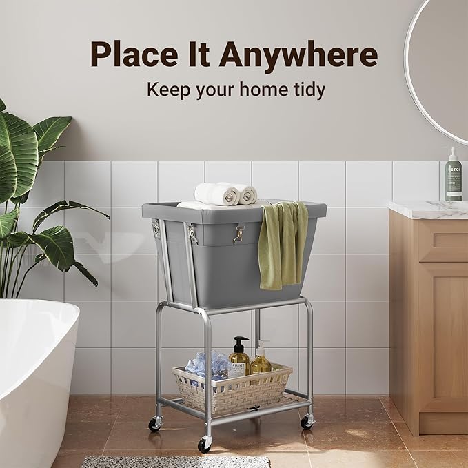 ELYKEN Laundry Cart with Wheels, Rolling Laundry Hamper with Removable Bag and Shelf, Metal Frame Laundry Basket with 4 Casters and 2 Brakes, Ideal for Bedroom, Bathroom, Laundry Room, Gray