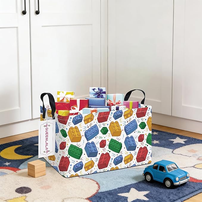 QUEENLALA Rectangular Laundry Hamper/Foldable Nursery Laundry Basket for Organizing/Storage Bin Baskets/Children Toy Office Bedroom/Toy Bin Closet Shelf Baskets (Rec-Blocks)