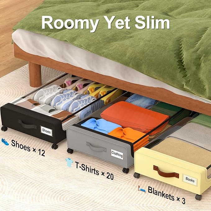 GoMaihe Under Bed Storage with Wheels: XXL Underbed Storage Containers with Lids - Rolling Bins for Shoes Clothes in Dorm Bedroom - Metal Drawers Easy Pull-out Grey 2-Pack