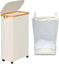 efluky Slim Laundry Hamper with Wheels, Narrow Laundry Basket with Lid and Removable Bag, Aesthetic Dirty Clothes Hamper on Wheels for Laundry Room, Bedroom, Dorm and Bathroom, 75L Beige