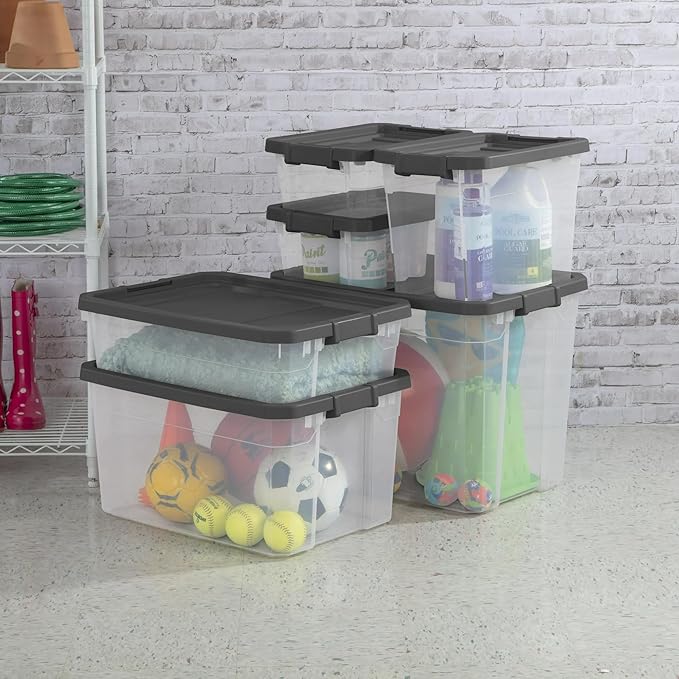 76 Quart Heavy-Duty Stacker Box – Clear Plastic Storage Bin with Secure Latch Lid, Ideal for Home, Garage, Closet & Basement Organization, Dark Gray (2)