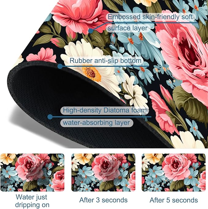 Colorful Flowers Sink Faucet Absorbing Mat Vintage Floral Super Absorbent Fast Drying Mat Sink Gadgets Behind Faucet Sinkmat for Kitchen Bathroom, 23.5"x5.5"