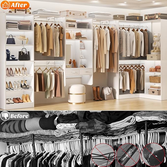 Unikito Closet System with Vanity Desk, 156”Modular Corner Closet Organizer System with Hanging Rods & Adjustable Shelves, Freestanding Wood Wardrobe Organizer, Sturdy Walk in Closet Tower, White