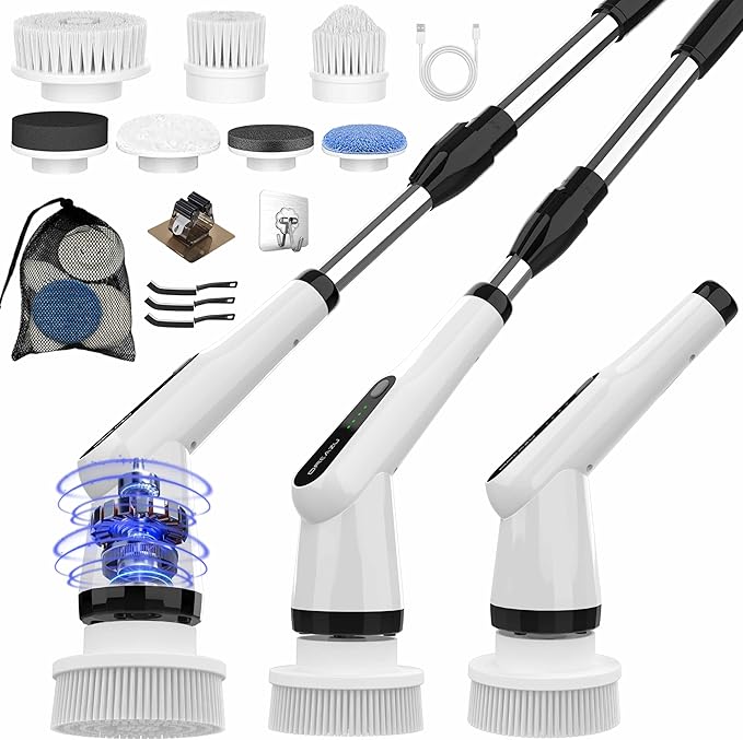 Electric Scrubber Brush, IPX7 Electric Scrubber for Shower, Electric Cleaning Brush Scrubber with 7 Replaceable Brush Heads & Retractable Handle, 2-Speed Adjustable Spin Cleaning Brush