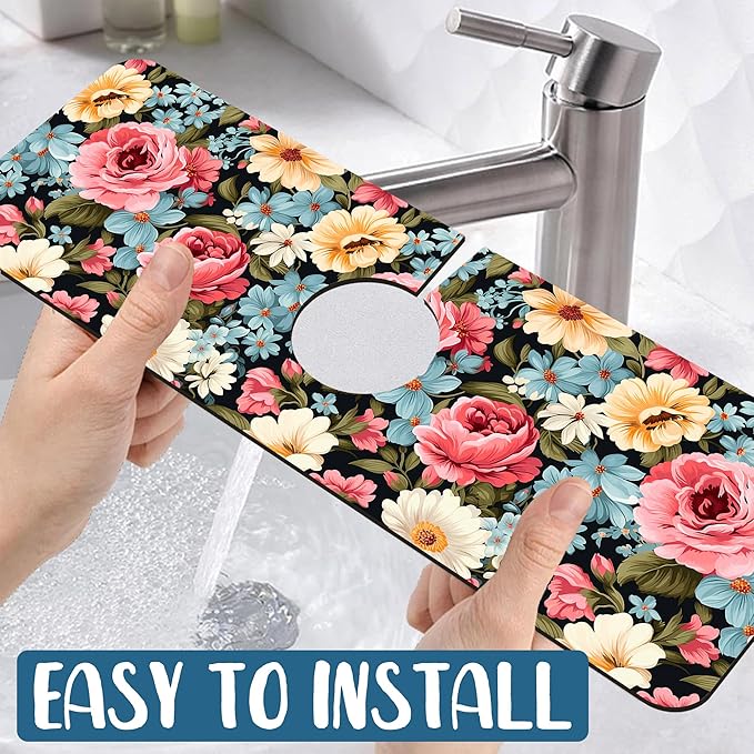Colorful Flowers Sink Splash Guard Vintage Floral Faucet Absorbing Mat Fast Drying Mat Sink Gadgets Splash Guard Behind Faucet Drip Catcher for Kitchen Bathroom, 15.5"x5.5"