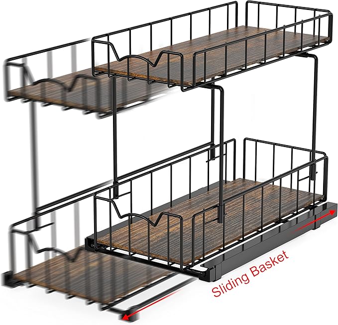 Simple Houseware 2-Tier Spice Rack Slide Out Wire Basket Drawer Organizer, Black