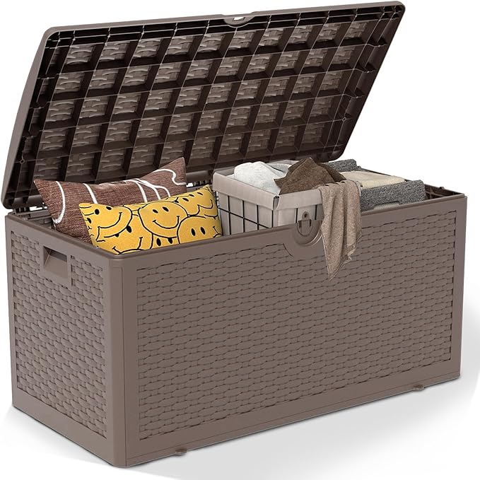 Outdoor Storage Box Waterproof, 90 Gallon Pro Lockable Resin Deck Box Large, Patio Storage Bin for Pool Accessories Cushion Furniture, Garden Tools, UV-Resistant Outside Delivery Brown