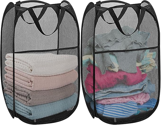 Pack of 2 Pop Up Laundry Hamper Collapsible Laundry Baskets Black Mesh Laundry Baskets with Portable Handle, Side Pocket for Bedroom, Nursery Room, Travel, Cruise