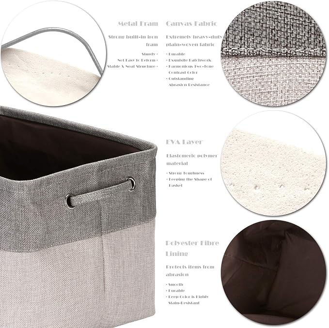 Sea Team 3-Pack Large Storage Basket Set, Trunk Organizer, Clothes Toys Bin, 15 x 10 x 10 Inches, Big Rectangular Canvas Fabric Collapsible Shelf Box with Handles for Kids Room (Ash Grey/Grey)