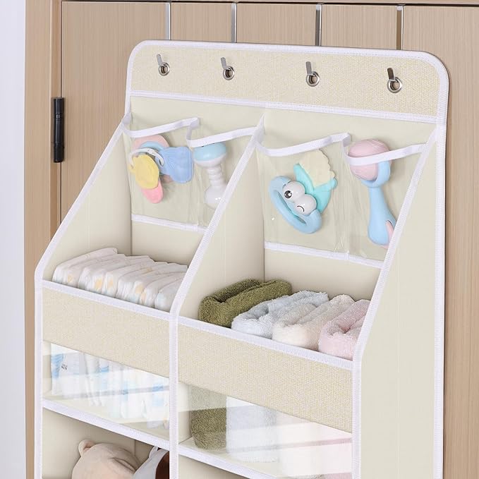 Univivi 6-Shelf Over Door Hanging Organizer Fabric Door Storage with 10 Large Pockets and 4 Small PVC Pockets Closet Cabinet Wall Mount Hanging Storage Organizers for Baby Nursery (Beige Pattern)