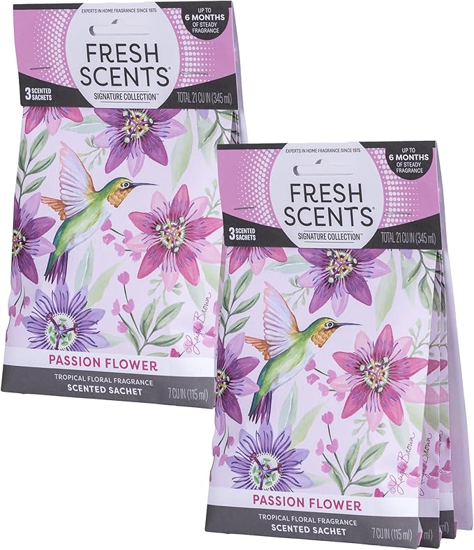 Fresh Scents Scented Sachets | Passion Flower | Tropical Floral Home Fragrance | Long Lasting (Up to 6 Months) | Air Freshener for Closets, Drawers, & Cars | 6 Pack