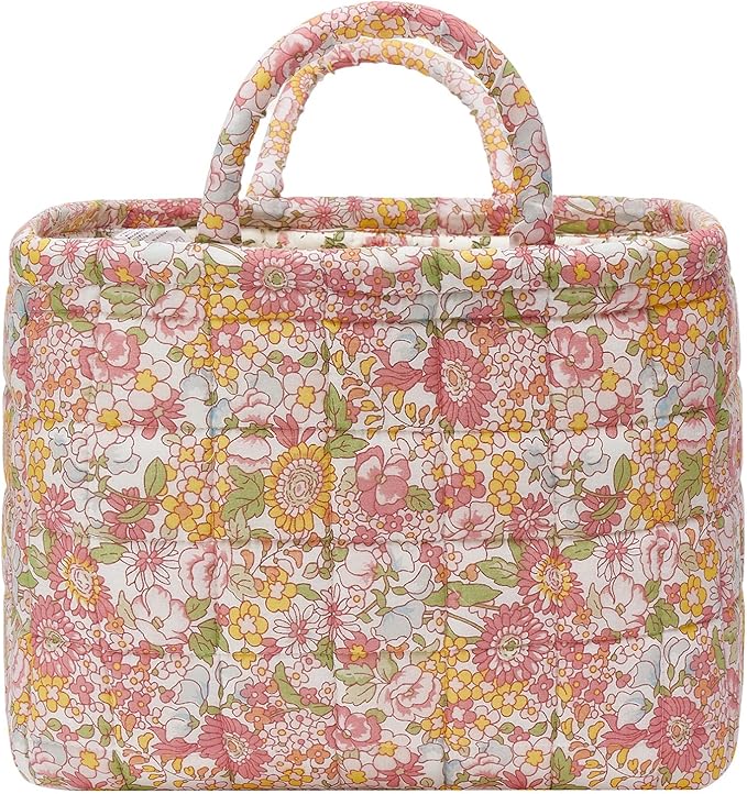 Quilted Fabric Storage Baskets with Handles, Boho Floral Gift Basket Foldable Organizer Bin for Home Decor, Picnic, Travel 12''x10''x10'' (Orange)