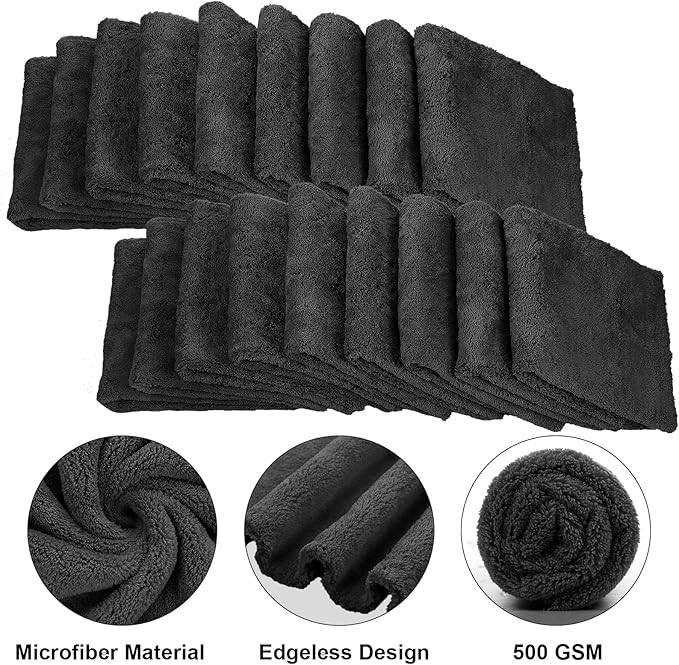 Shimeyao 30 Pcs 16 x 16 Inch Edgeless Microfiber Plush Towels for Cars Detailing Drying Wash Polishing Absorbent Cleaning Cloths, 500 GSM(16 x 16 Inch, Black, 30 Pcs)
