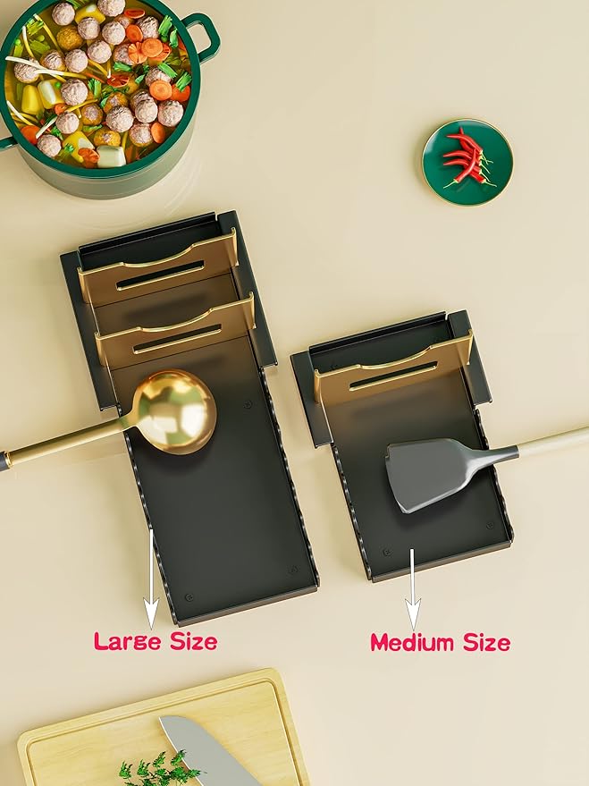 Dr.DJ Spoon Rest Pot Lids Holder Heavy Duty Pot Pan Lid Organizer Stand, Cutting Board Rack Chopping Board Organizer Stand Spoon Rest w Drip Tray Kitchen Countertop, Stainless Black