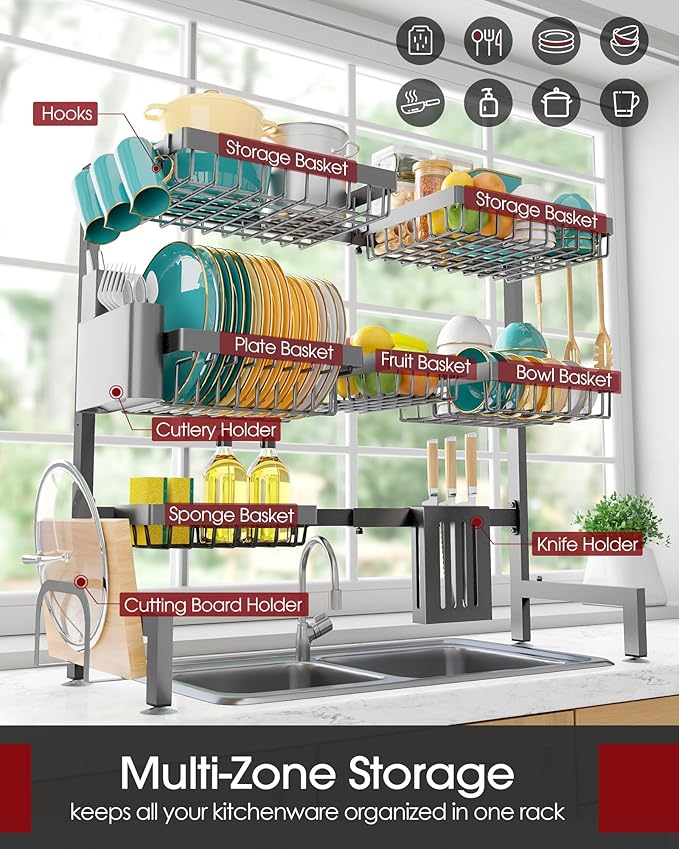 Over The Sink Dish Drying Rack - Adjustable 3 Tier XX-Large Capacity Stainless Steel Drainer with Cutlery & Utensil Holders, Kitchen Storage & Organization, 31.5"-39.5"L x 12"W x 30.5"H, Gray