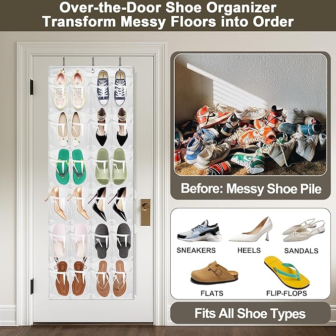 Over The Door Shoe Organizer with 24 Crystal Clear Pockets and Metal Hooks – Heavy Duty Hanging Shoe Storage Rack for Closet, Bathroom, Dorm – Space Saving for Shoes, Accessories, Toys (White)