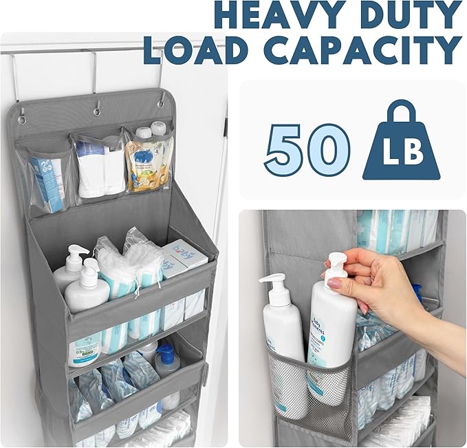 Over The Door Organizer Hanging with 5 Large & 6 Side Pockets 5 Tier Behind Door Storage 50 lbs for Closet, Nursery, Bathroom Door Organizer, 1 Pack, Grey