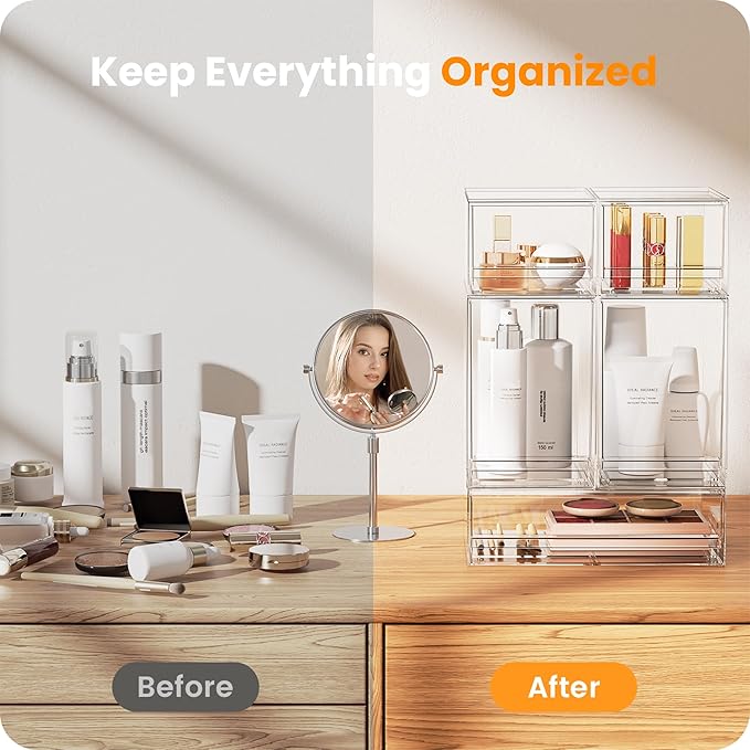 A-LuGei 【𝟰𝗣𝗖𝗦】 Acrylic Stackable Storage Drawers, 7.5" L Makeup Organizer, Bathroom Organizer and Storage, Plastic Storage Bins for Kitchen Cabinet Pantry Medicine Fridge