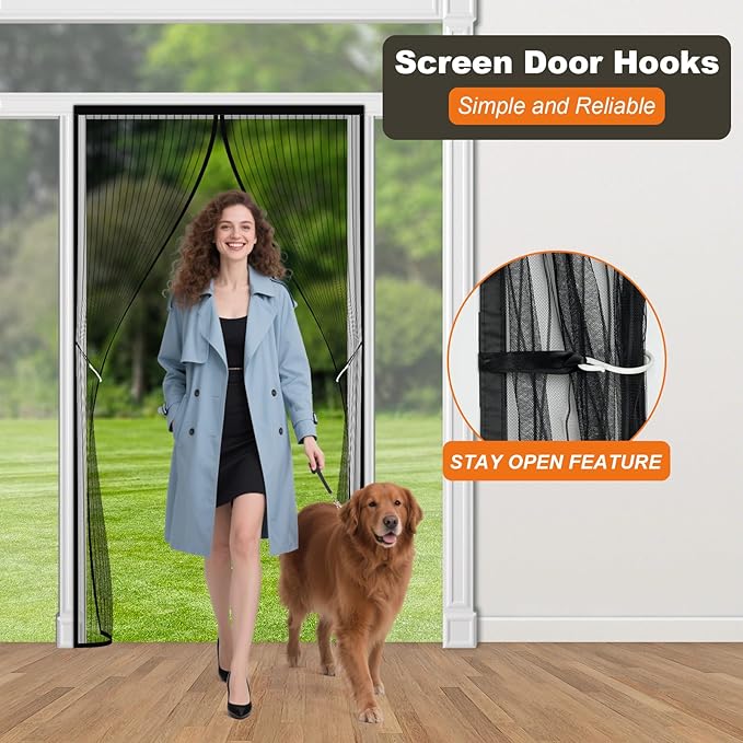Magnetic Screen Door Mesh, Easy Install, Heavy Duty Fiberglass,Self Sealing Door Screen for Single Door Size 31 x 78 Inch, Screen Door Size 34 x 80 Inch - Black