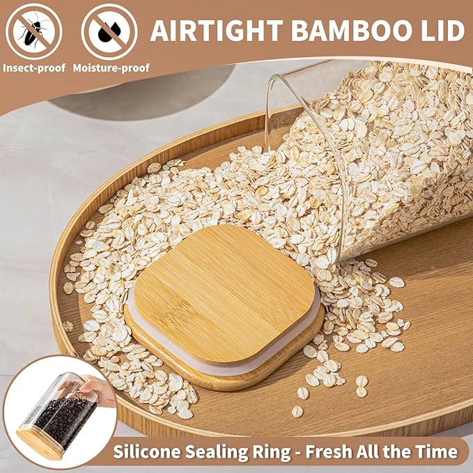 73 Oz Glass Storage Jars with Bamboo Lids - 3 Pack Clear Glass Canisters Square Airtight Stackable Ideal for Pantry Storage Containers Great for Storing Oats Coffee Beans Pasta Flour Rice etc