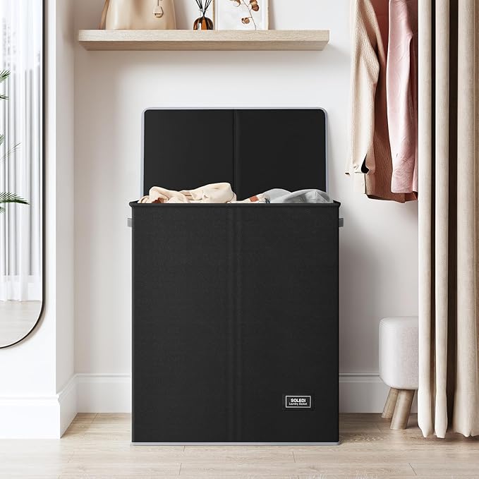 SOLEDI Double Laundry Hamper with Lid and Removable Laundry Bags - Large Dirty Clothes Hamper 2 Section - Collapsible Laundry Baskets for Bedroom, Bathroom, Laundry room, Apartment, Black