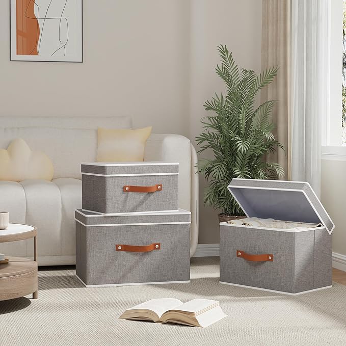 YheenLf Storage Bins with Lids, Linen Collapsible Boxes, 15 x 9.8 x 9.8 Inch Storage Baskets with Double Handles for Shoes Books, Grey, 3-Pack