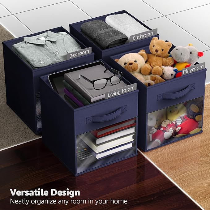 Sorbus 11 Inch Storage Bins with Clear Window - 6 Foldable Baskets for Organizing Clothes, Toys, Books - Sturdy Collapsible Fabric Storage Cubes with Handle - Storage Baskets for Shelves, Closets